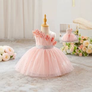 Girls Princess Dress with Flower Decoration, Host Performance Wedding Gown, Sequined Party Short Dress, Flower Girl Dress