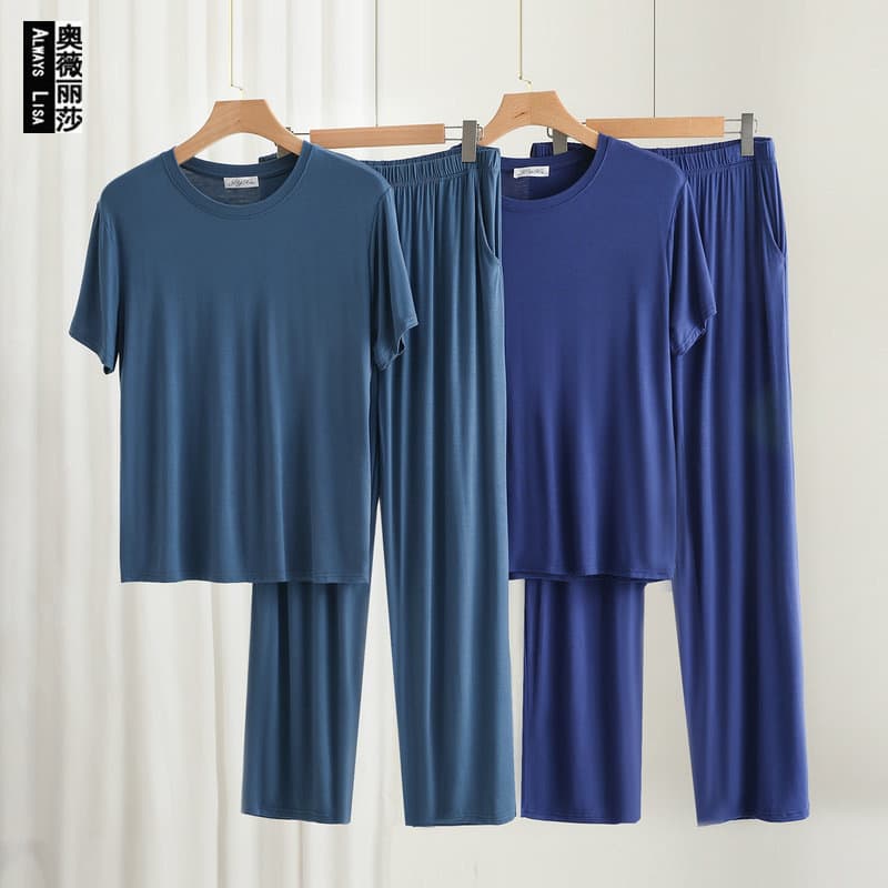 Modal Plus Size Pajamas for Men Summer Cooling Short Sleeve Long Pants Loose Fit Elderly Homewear Set