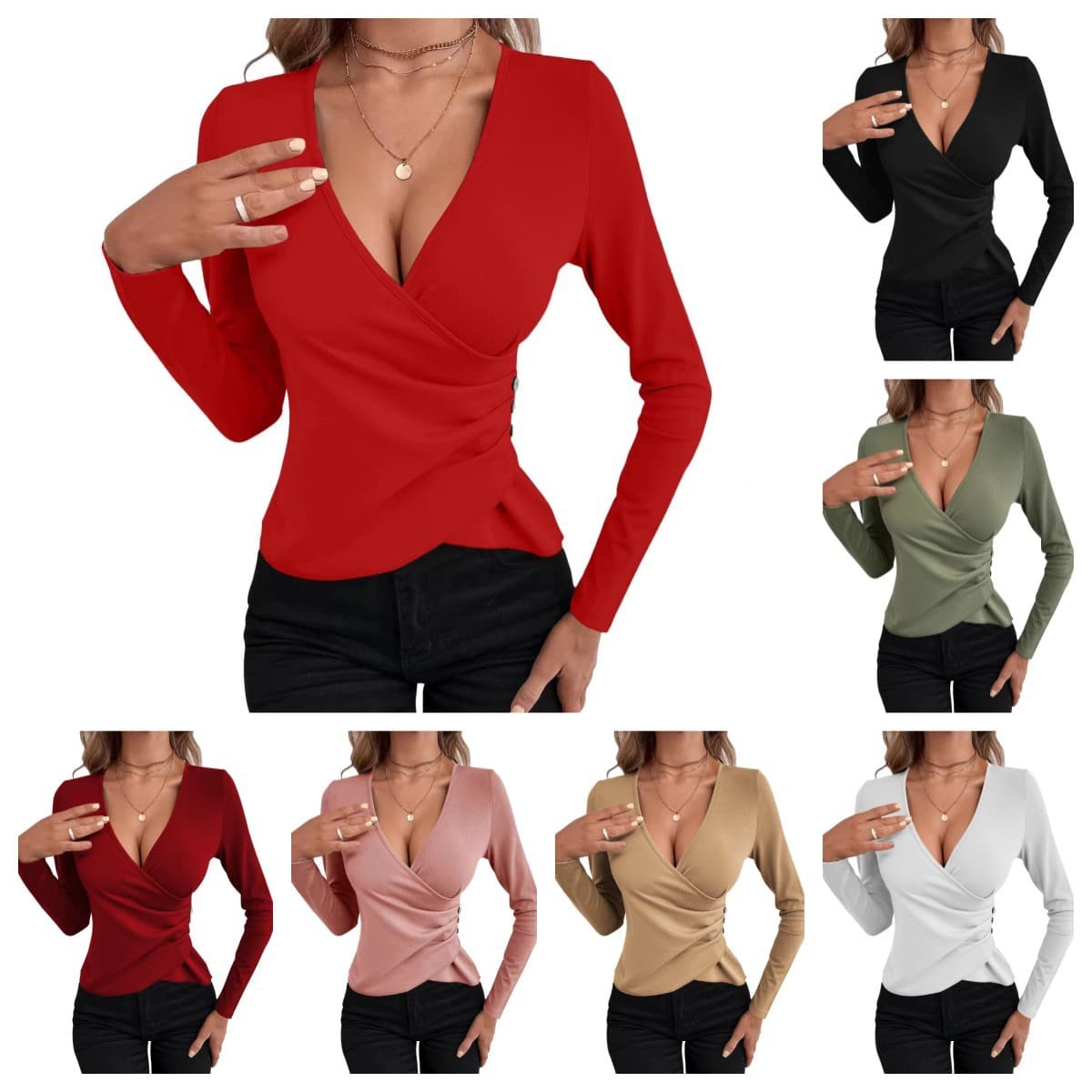 2023 Europe America Cross-border Women's Wear V-Neck Asymmetric Three Buttons Sexy Elegant Style Solid Color Slim Fit Women's T-Shirt