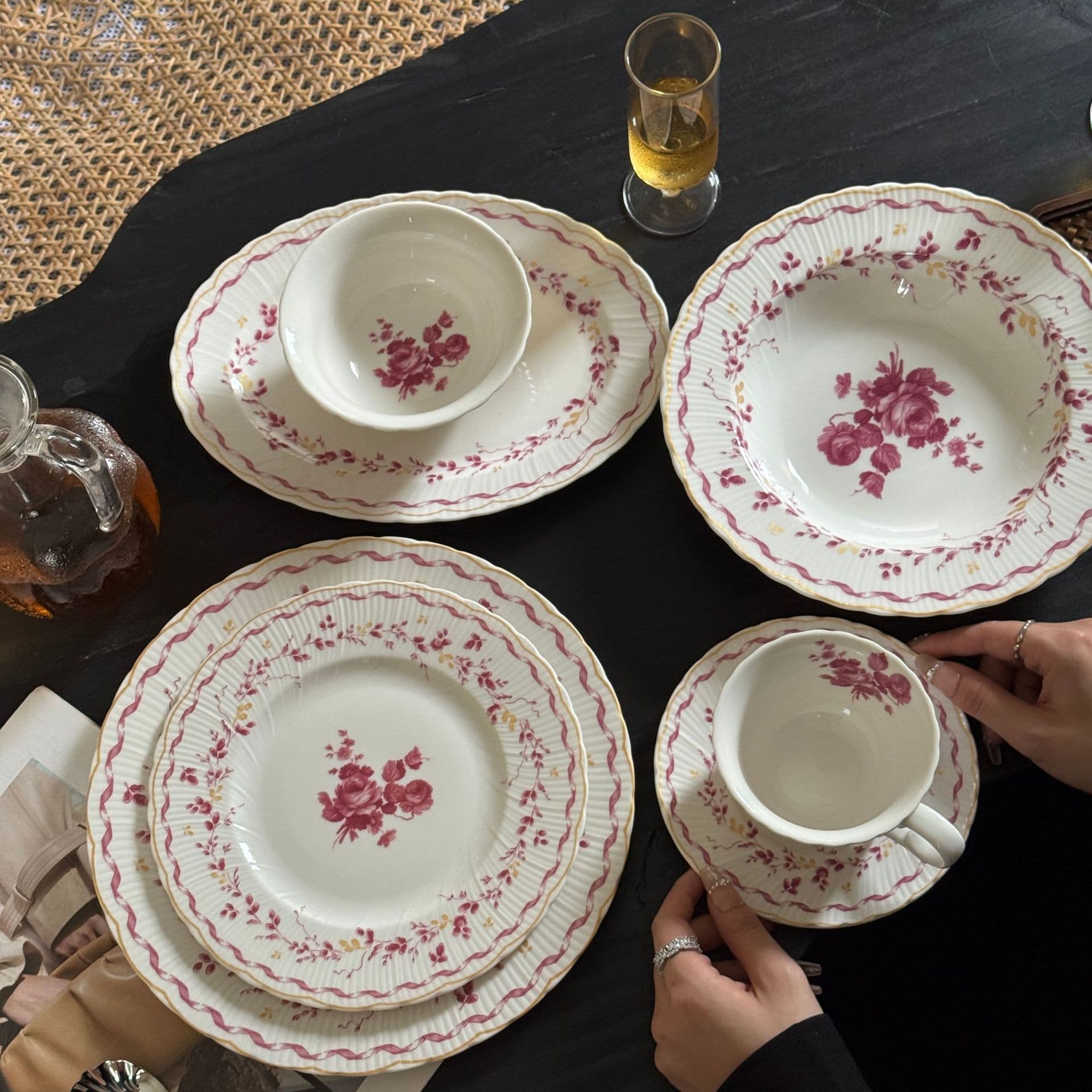 French Vintage Rose Red Rose Ceramic Deep Soup Plate Fruit Salad Pasta Western Food Bowl Breakfast Plate Coffee Cup