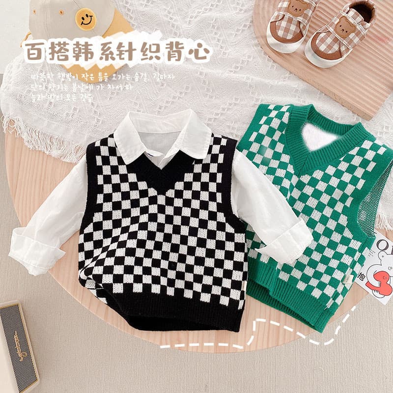 Checkered Vest Children's Knitted Vest Winter New Style Girls' Fashionable Vest Parent-Child Sweater Top