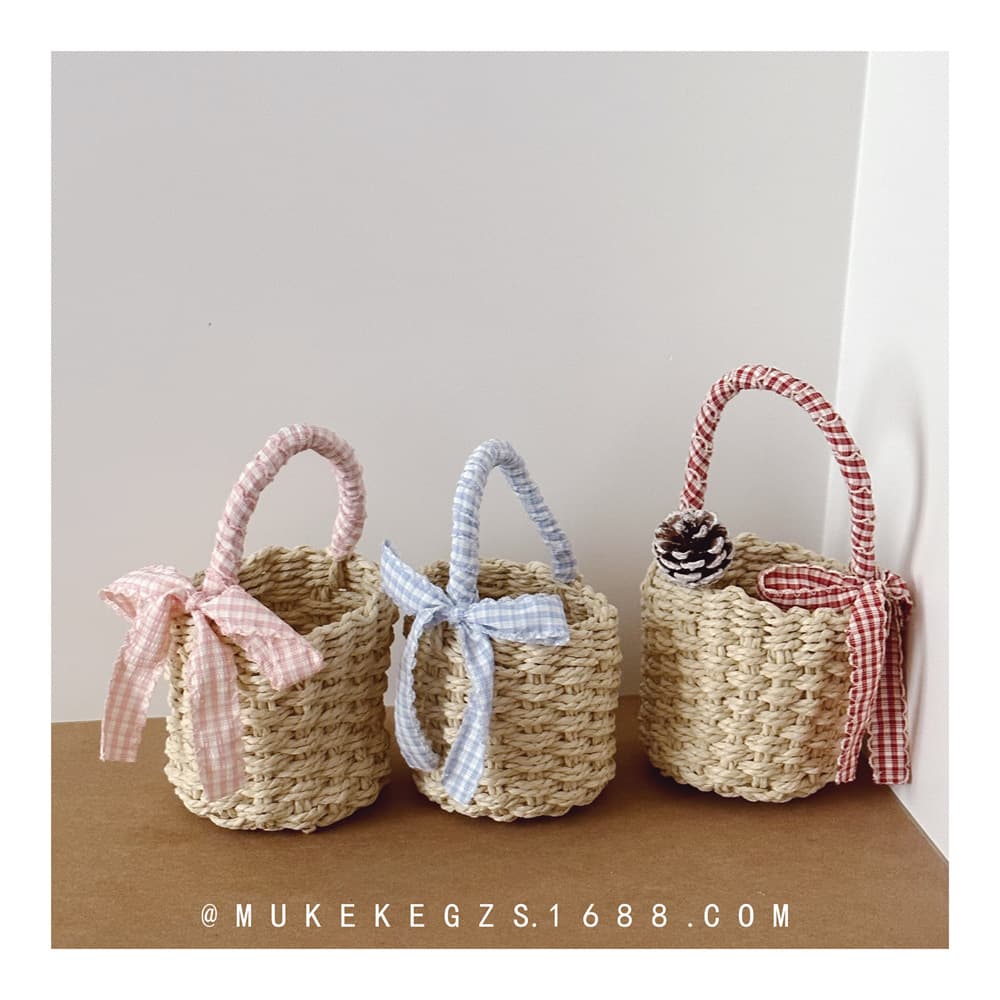 Korean Sweet Style Children's Straw Woven Handbag Summer Beach Vacation Coin Purse Girl Baby Handmade Bucket Bag