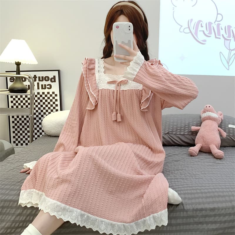 Jacquard Cotton Fairy Style Pajama Set for Women Spring Autumn Sweet Lace Trim Princess Style Long Sleeve Nightgown Plus Size Homewear