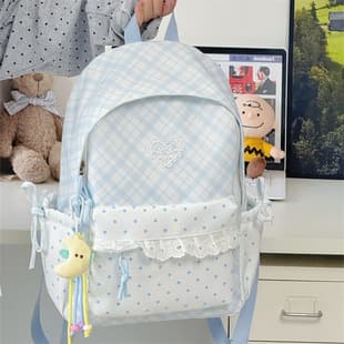 Seasalt Blue and White Plaid Lace Trim Backpack Sweet School Bag for Middle and High School Girls Travel Small Backpack