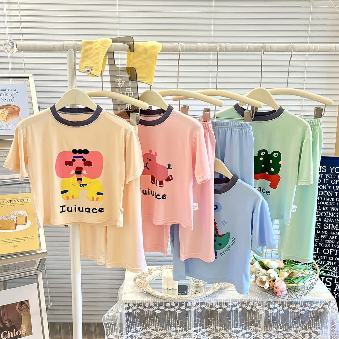 Children's Summer Pajamas Boys Thin Home Suit Set Baby Girls Short Sleeve Long Pants Modal Cartoon Air Conditioning Wear