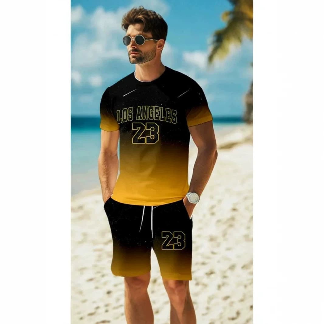 Cross-border European and American Fashion Vacation Style Men's T-Shirt and Shorts Two-Piece Set Summer New 3D Print