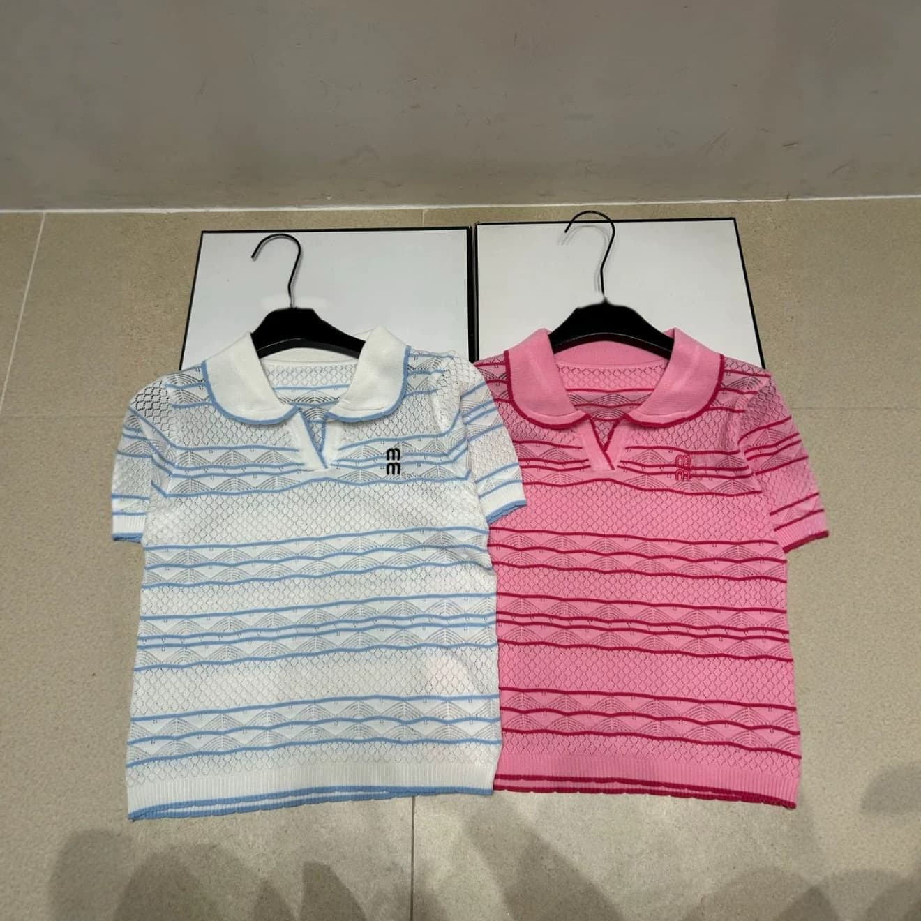 Trendy Knit M Brand Letter Striped Hollow Turn-Collar Short-Sleeve Pullover Loose Versatile Top 2026 Summer New Arrival