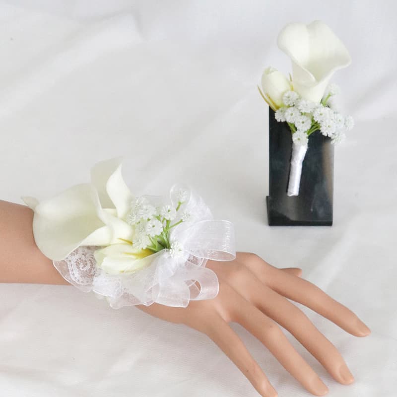 Korean Wedding Groom and Bride Corsage, Bridesmaid Wrist Corsage, Wedding Banquet Friend Hand Bouquet, Artificial Calla Lily
