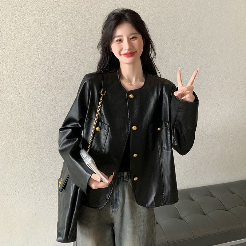 Real Shot of Black Trendy Short Leather Jacket for Women, 2026 Spring New Style, Petite Size, High-End Pu Leather Jacket, Fashionable