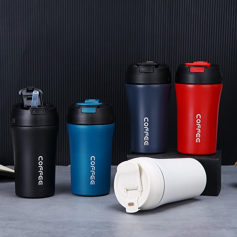 Stainless Steel Double Layer Vacuum Coffee Mug with Flip Lid, Spring-Loaded Straw, Thermal Car Cup, Gift
