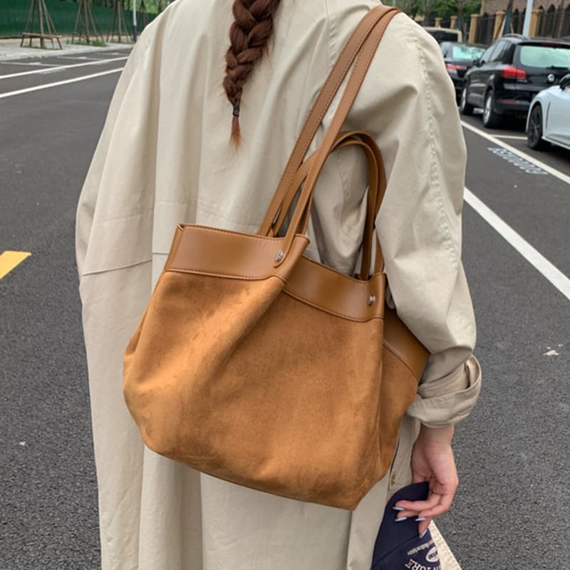 Vintage Contrast Color Suede Matte Texture Shoulder Bag Women's Bag 2025 New Large Capacity Commute Handbag Underarm Bag