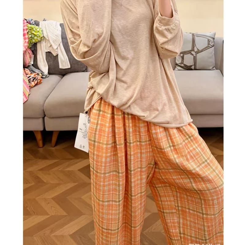 Korean-style Lazy Casual Double-layer Gauze Pajama Pants for Women, New Summer Pleated Soft Cotton Gauze Lounge Pants, Suitable for Outdoor Wear