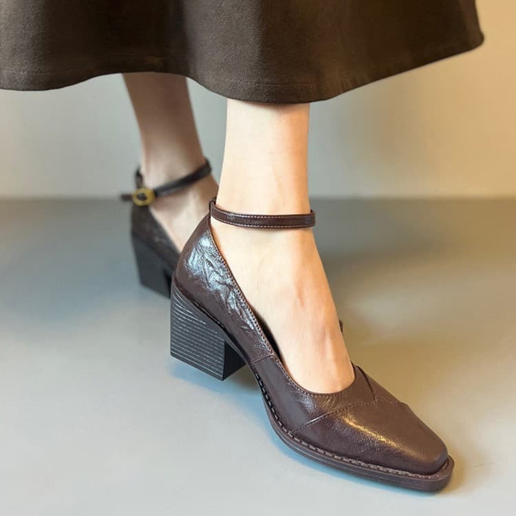 Leather Vintage Mary Jane Shoes with One-Strap, Quiet Heel, Retro Chunky Heel, New Arrival