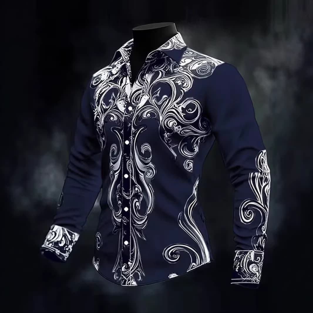 2026 Cross-Border Foreign Trade Retro 3D Print Collar Shirt Men's Slim Fit Long Sleeve Formal Button-Down Shirt Casual Men's Clothing