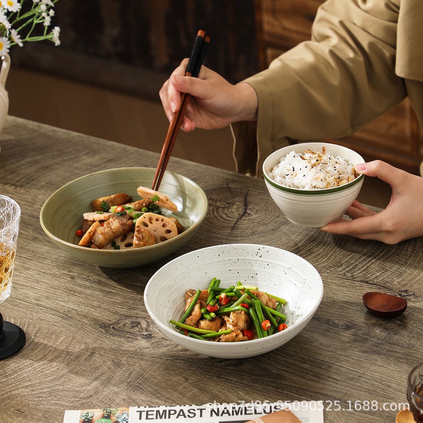 Japanese retro ceramic round dinner plate home restaurant tableware threaded salad bowl dish bowl dish plate rough ceramic rice bowl