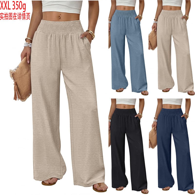 Cross-border Amazon 2026 European and American Women's Drawstring Pants Solid Color High Waist Fashion Wide Leg Casual Long Pants