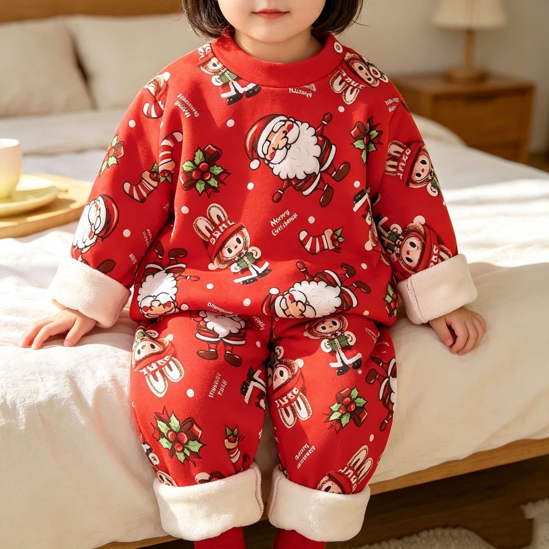 Kids Fleece-Lined Warm Set Infant Thickened Thermal Underwear Loungewear Christmas Baby Milk Silk Autumn Winter Pajamas