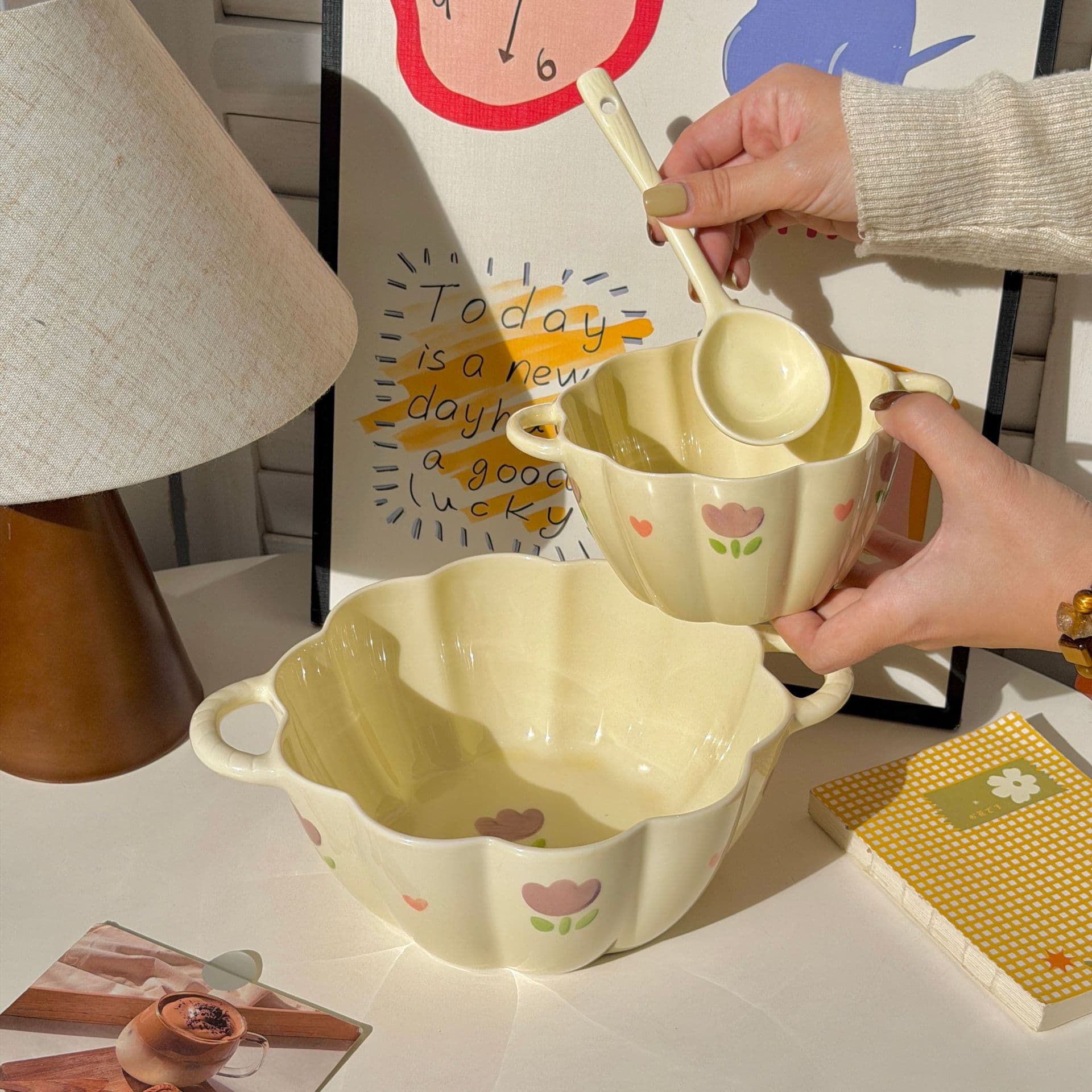Cream Tulip Pumpkin Noodle Bowl 2025 New Thickened Double Ear Anti-Scald Soup Bowl Special for Instant Noodles High Aesthetic