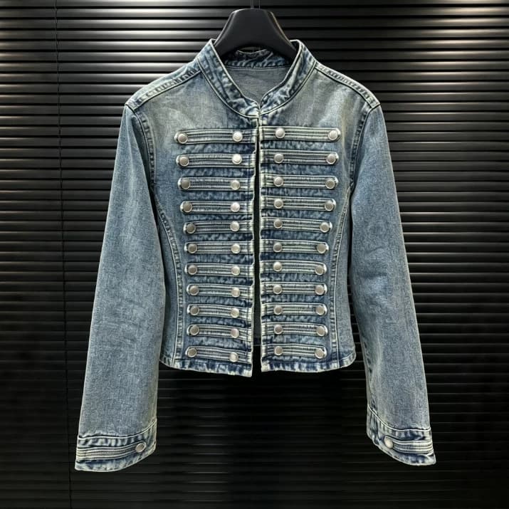 2026 Fall New European and American Style Stand Collar Denim Short Jacket for Women, Waist-Tightening Design, Double-Breasted Long-Sleeve Coat