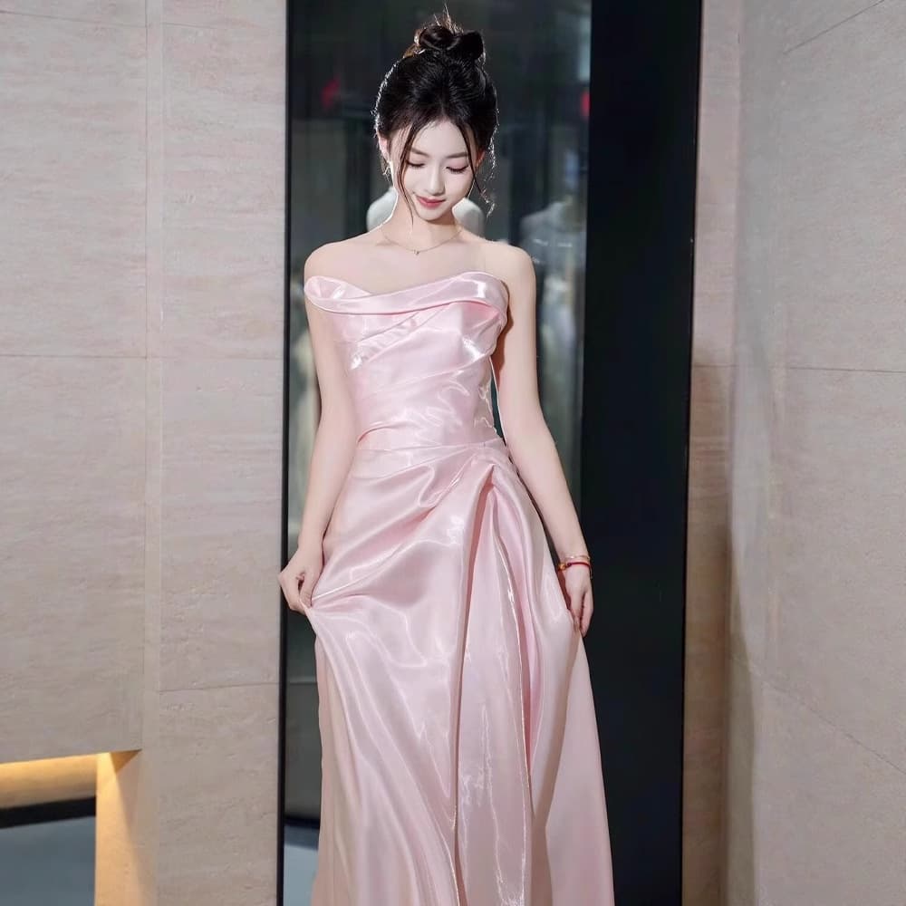 Pink tube top evening dress new French engagement simple dress adult ceremony art test host satin long dress