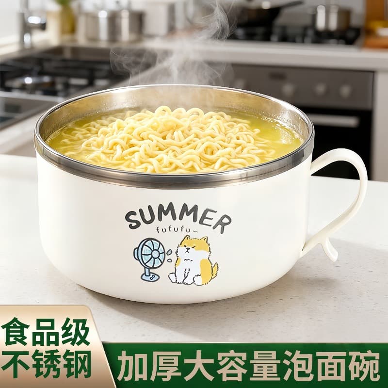 Large Capacity Instant Noodle Bowl with Lid Stainless Steel Soup Bowl for Student Dormitory Easy to Clean Drainable Noodle Bowl with Chopsticks Set