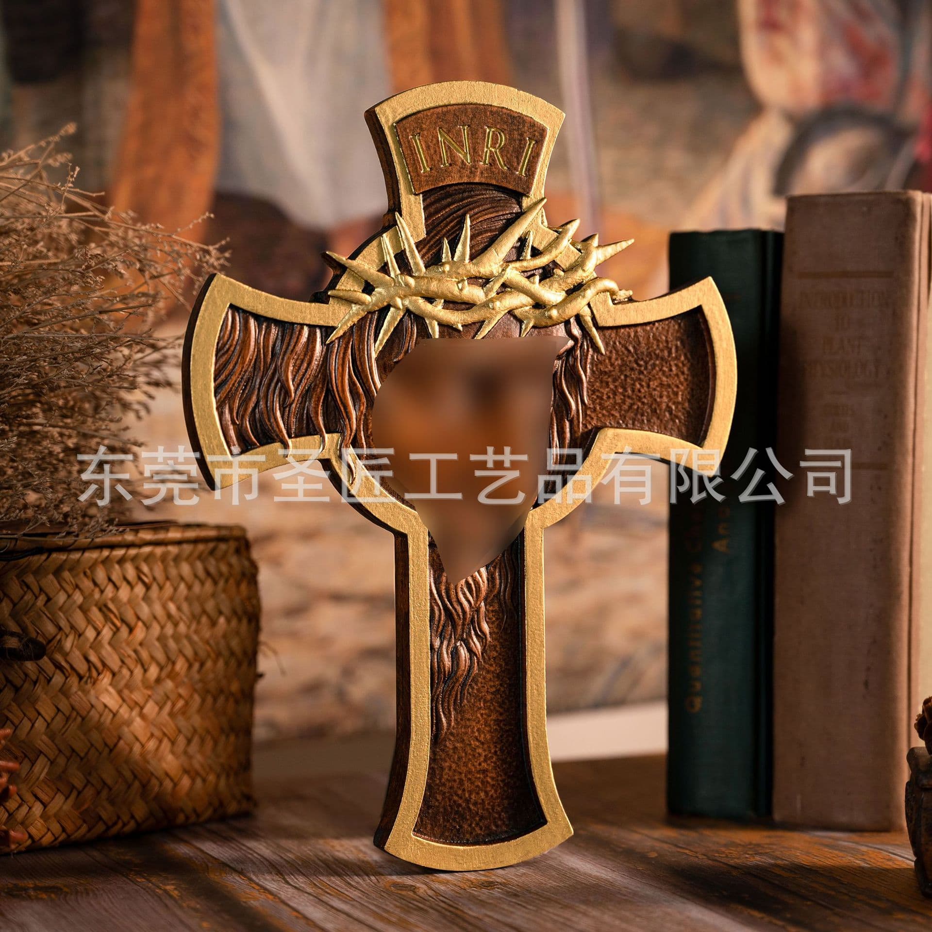 Thorn Crown Cross Wood Carving Wall Hanging Craft Cross Solid Wood Relief Decorative Ornament Gift