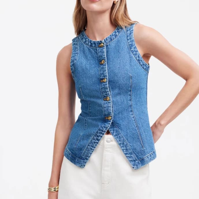 2025 summer new style European and American cross-border foreign trade sleeveless slim slim denim vest women's round neck vest