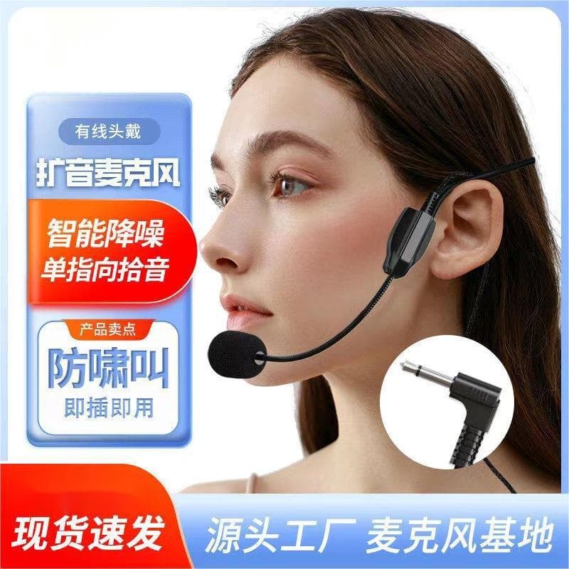 Head-mounted wired microphone for teachers, tour guides, portable amplifier with ear-hook and talk-through earphones