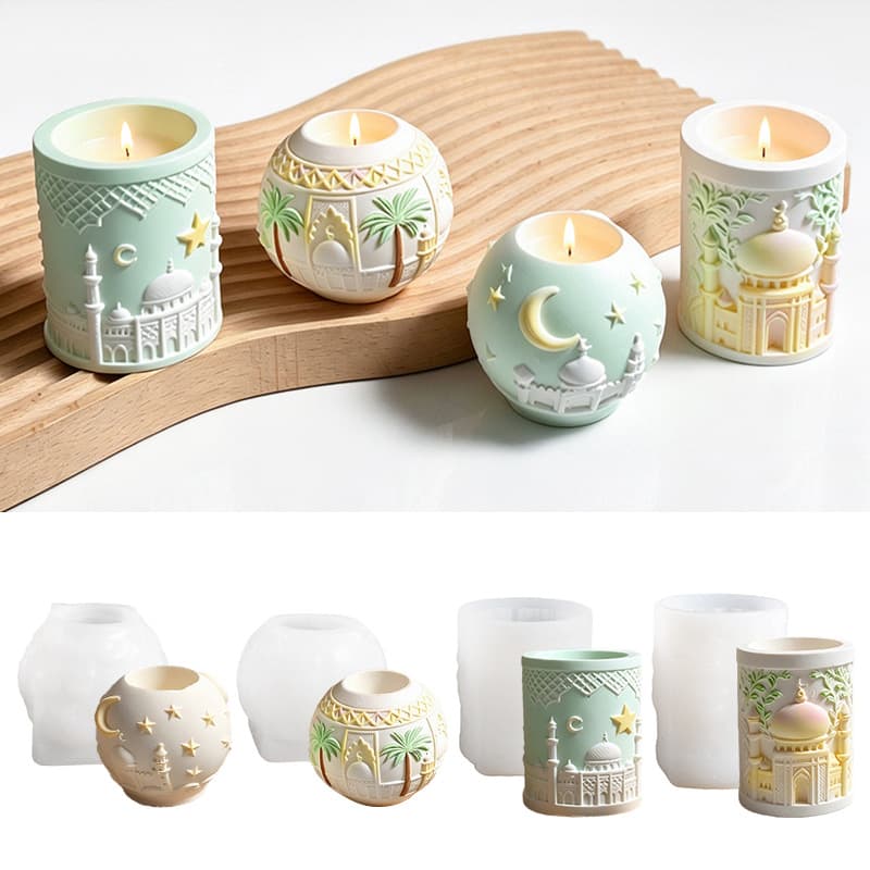 Star Moon Building Castle Cylinder Candle Cup Resin Silicone Mold, DIY Round Candle Holder Gypsum Ornament Mold