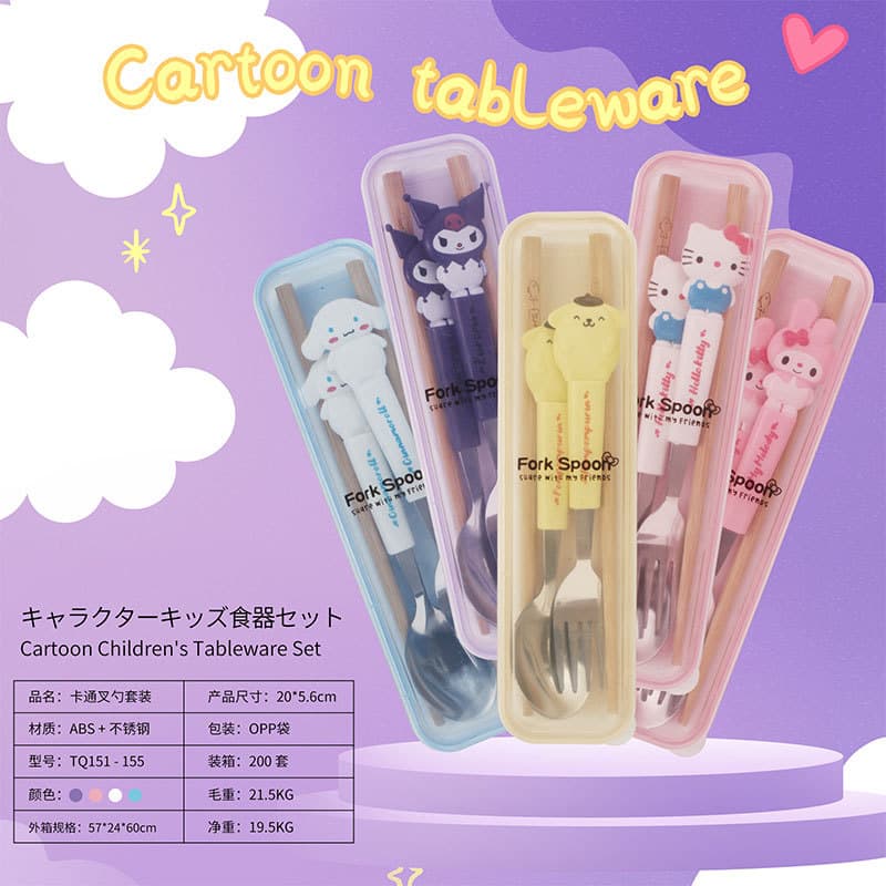 Sanrio Cinnamoroll My Melody 410 Stainless Steel Kids Cute Cartoon Portable Tableware Chopsticks and Spoon Set