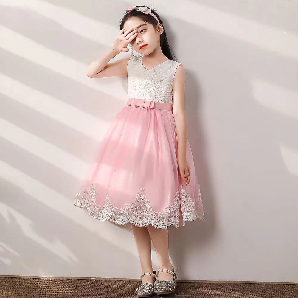 2026 New European and American Girls' Banquet Performance Fashionable Bowknot Lace Dress, Middle and Older Children's Evening Gown Wholesale