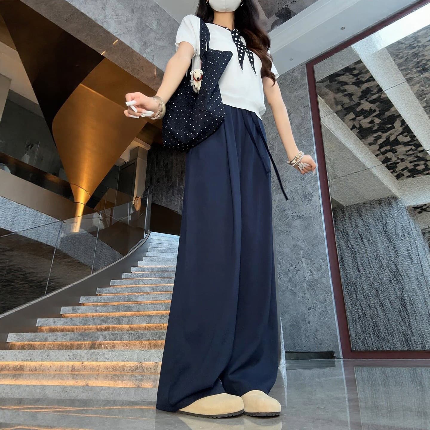 Navy Tencel Linen Pants Women's Summer Thin Casual Pants Loose Lazy Loose Feeling Cotton and Linen Scimitar Wide Leg Pants