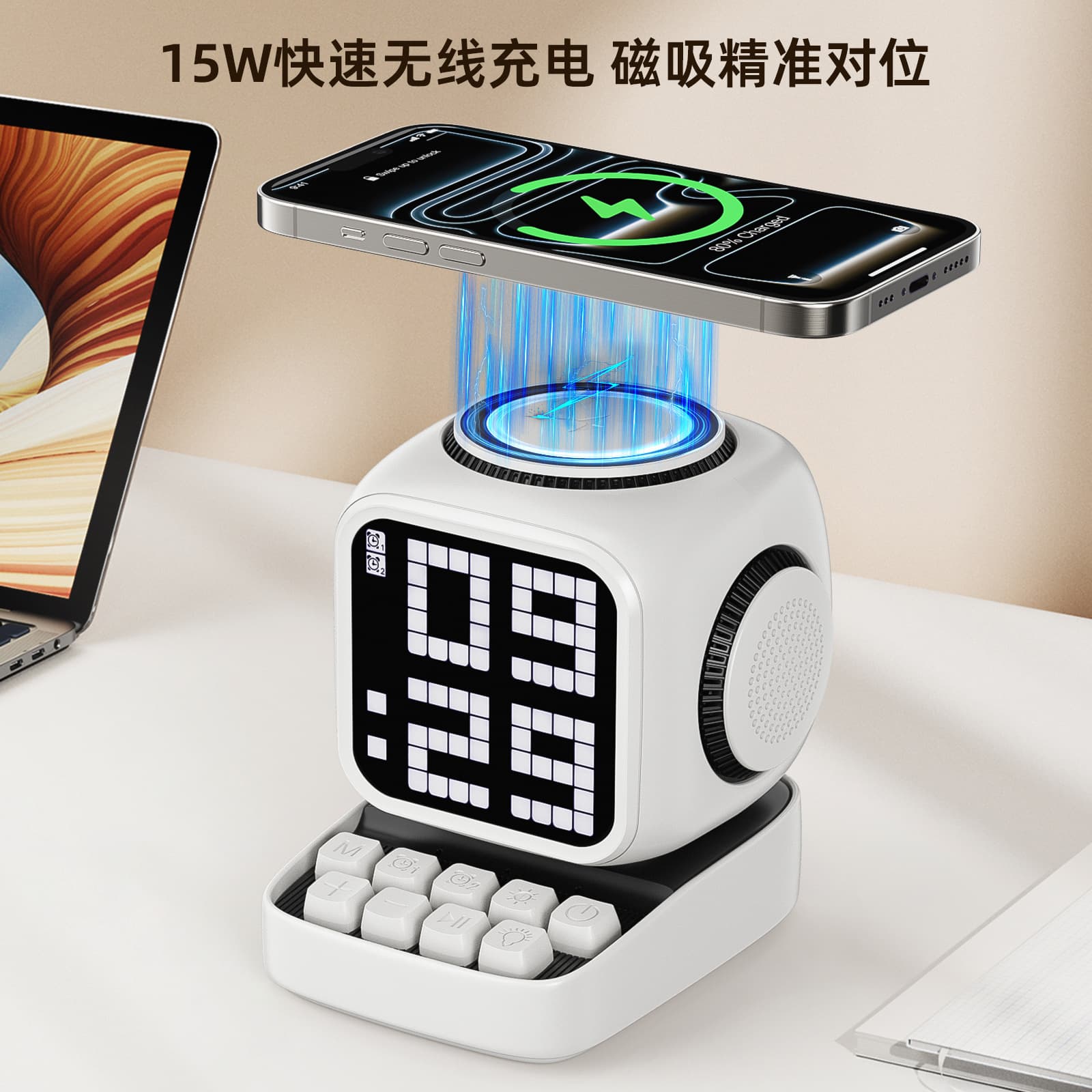 Cute Cartoon Multifunctional Clock Wireless Charger Robot Smart Bluetooth Speaker Pixel Small Computer Speaker