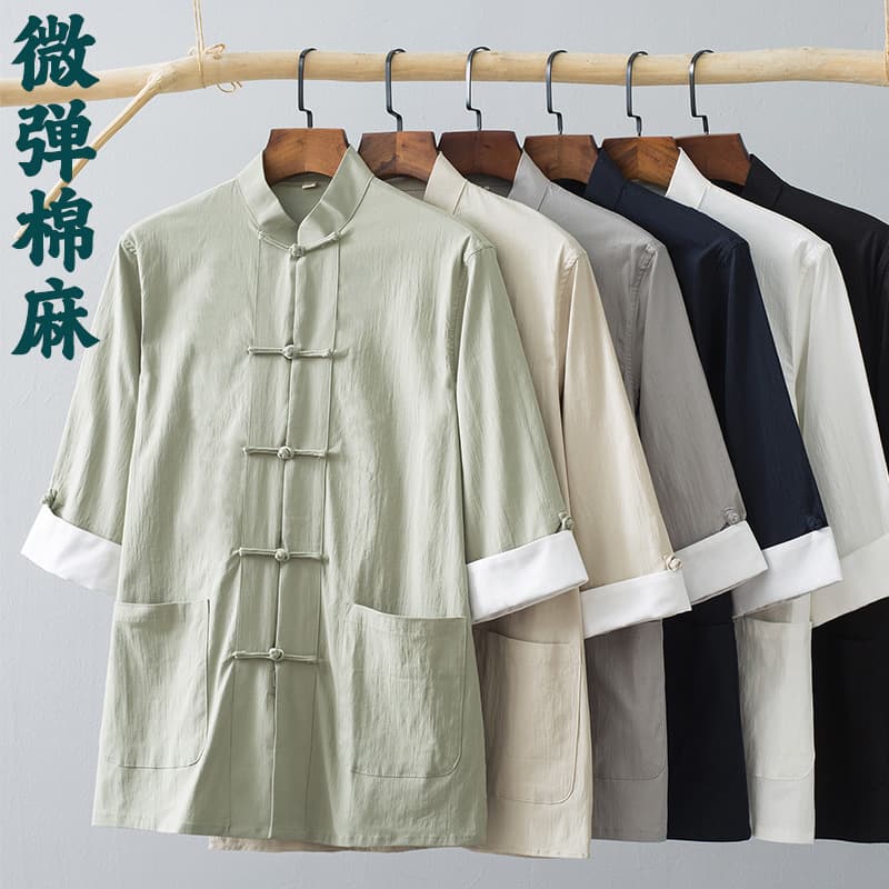 Tang suit men's youth summer thin short-sleeve mid-sleeve Chinese style men's clothing Chinese retro frog-button cotton-linen shirt