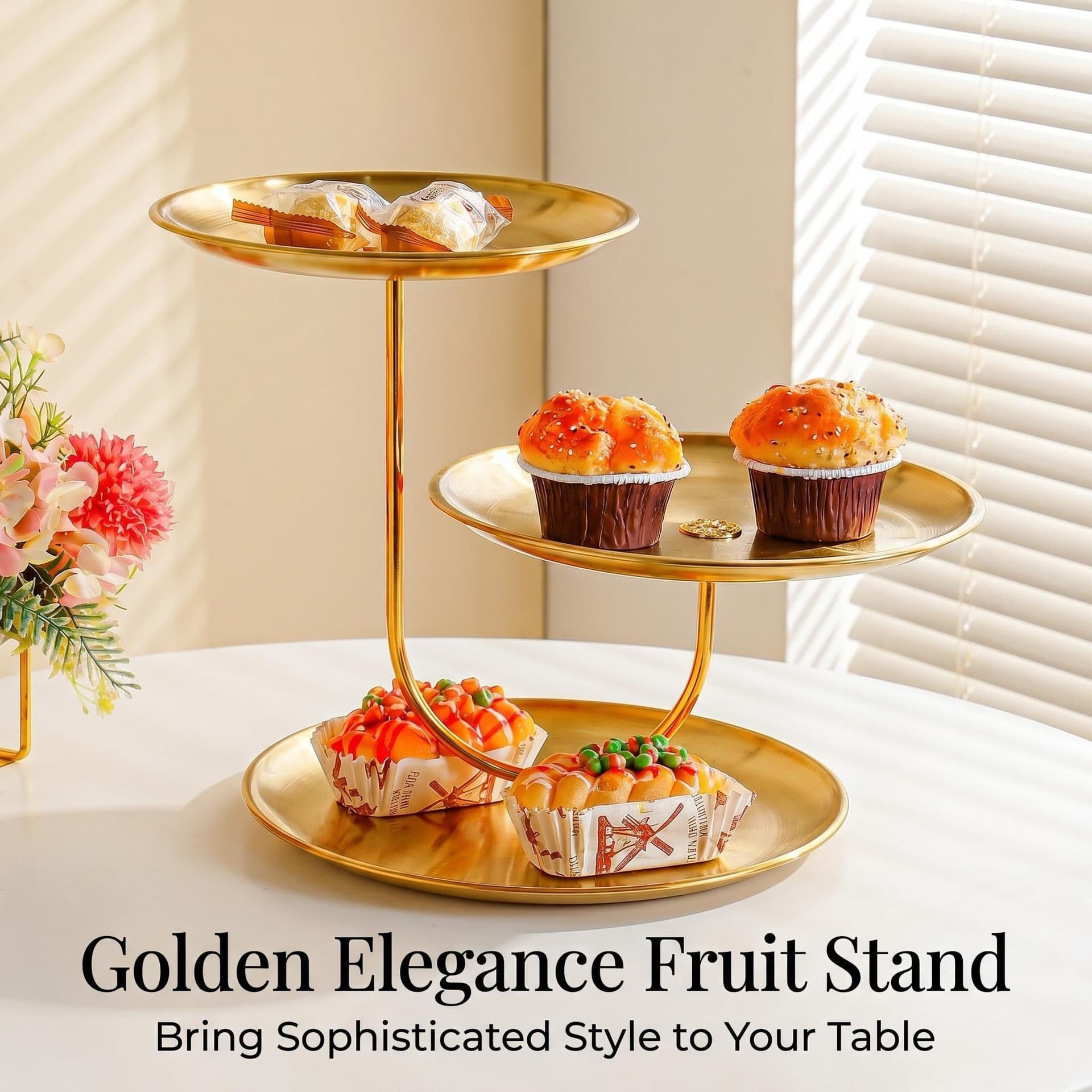 Gold Stainless Steel Three-Tier Fruit Tray, Home Living Room Snack Stand, Party Dessert and Fruit Display Plate