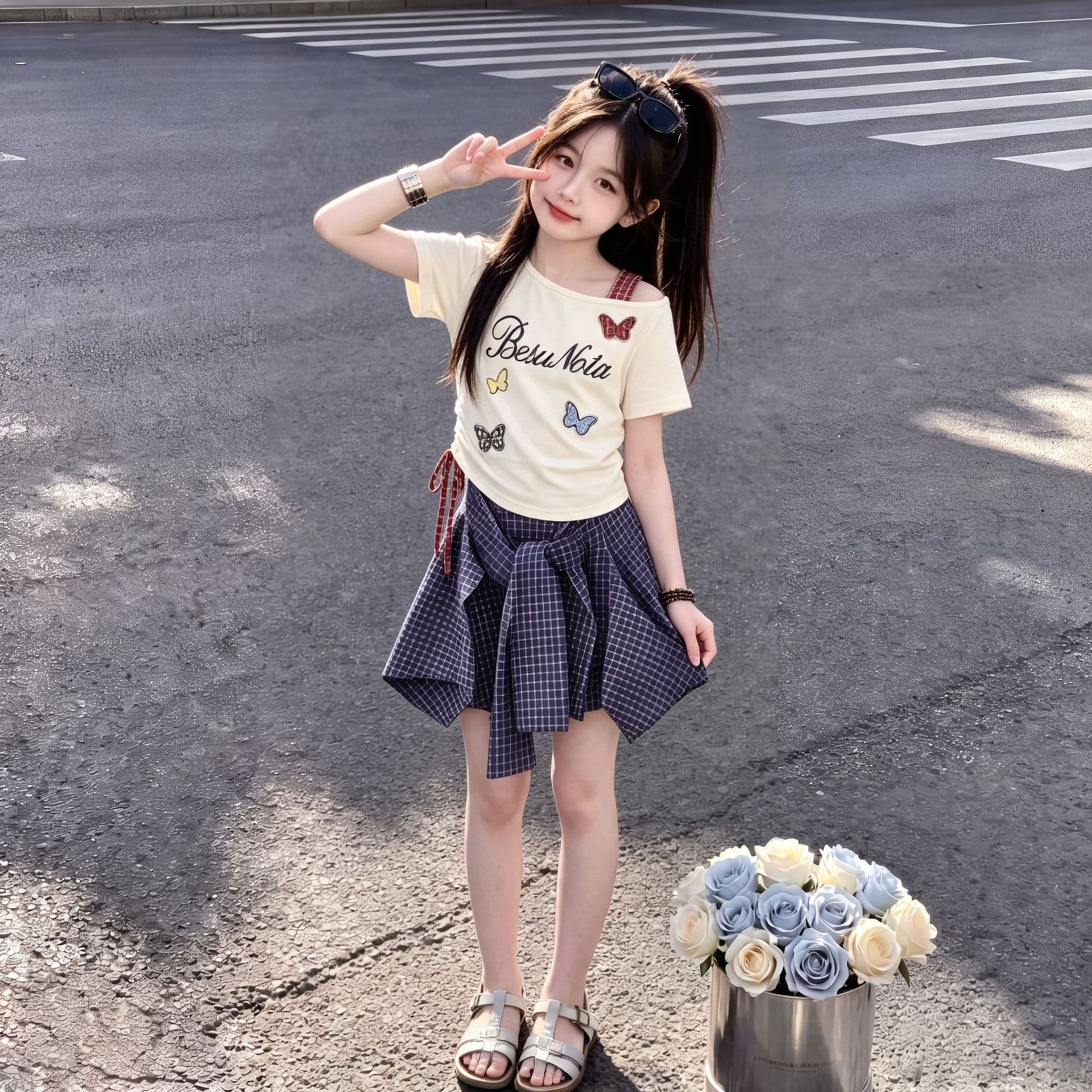 Big children's sweet cartoon butterfly slanted shoulder short-sleeved T-shirt design irregular plaid skirt girls summer two-piece set