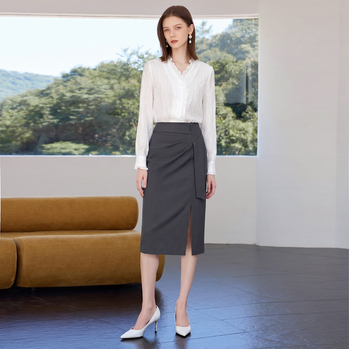 Spring/Summer New Light Luxury White High-End Slim Fit Two-Piece Blouse and Skirt Set for Women, Professional Office Wear