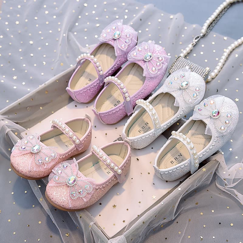 2025 New Korean-style Girls' Elsa Princess Shoes with Bow, Soft Sole Flats with Pearl and Crystal for Little Girls
