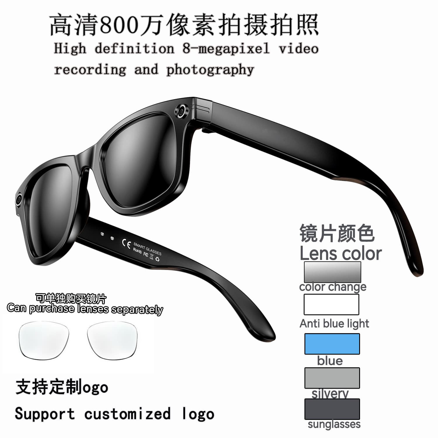HD 800w shooting AI smart glasses with camera AI translation video WIFI anti-shake camera glasses