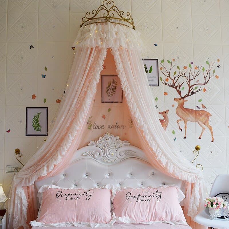 Princess-Style Bed Canopy Mosquito Net Curtain for Home Use, Pink, Dreamy and Cute for Girls, 1.5m Crown Frame, 1.8m Bed
