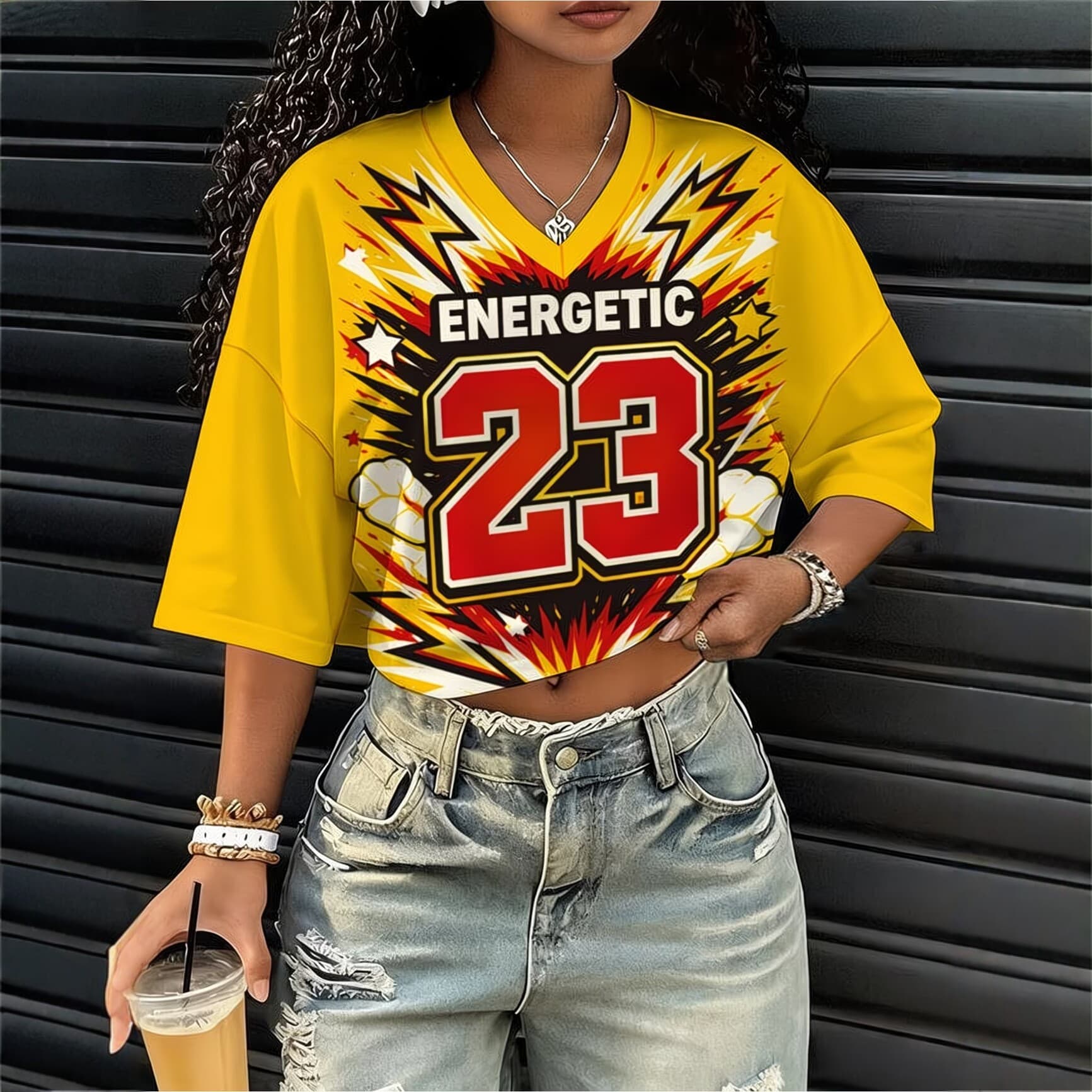 2026 New European and American style V-neck short-sleeved T-shirt for ladies hot girl with exposed navel number 23 printed hole cloth breathable top
