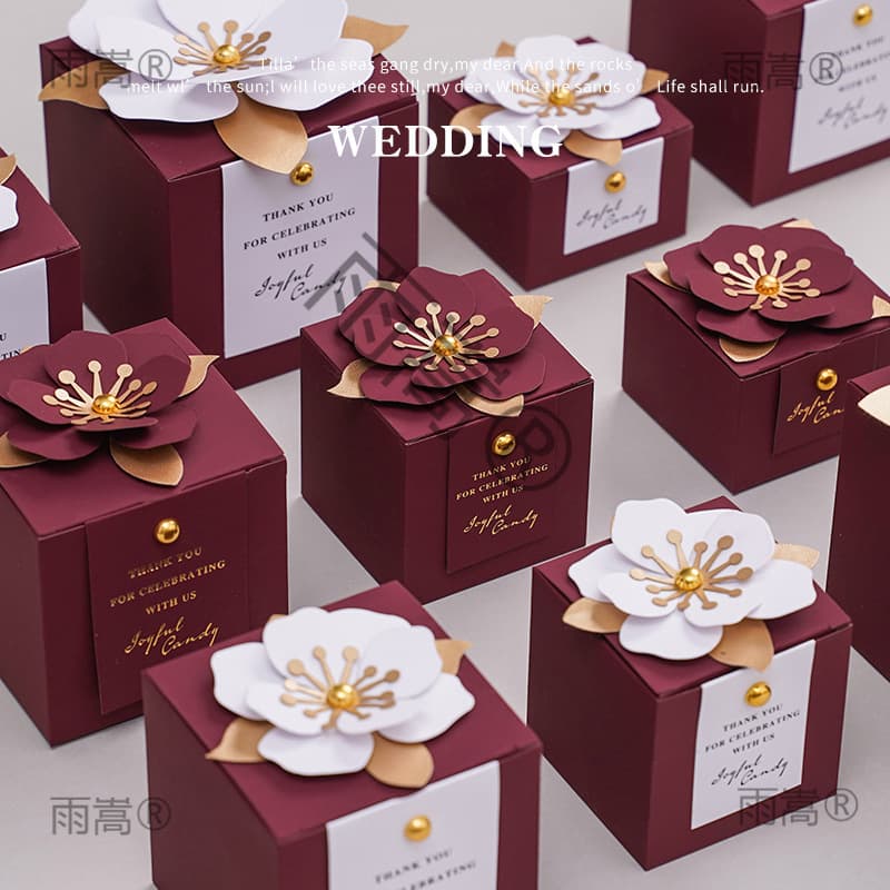 New Wine Red Wedding Creative Square Flower-Shaped Candy Box Wedding Candy Box Engagement Candy Box Packaging Box