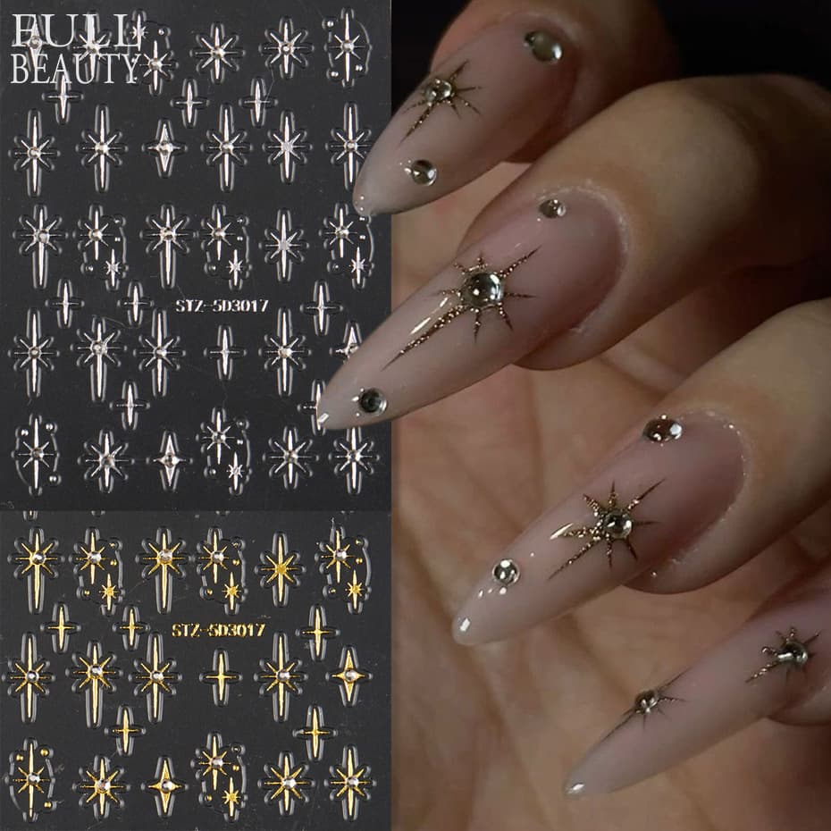 New Cross-Border Nail Art Stickers, Gold and Silver Foil, Vintage Crystal Diamond Star, Four-Point Star, 5D Embossed Nail Stickers
