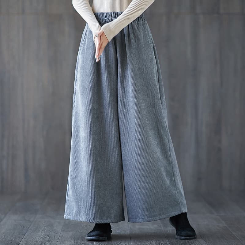 2024 Autumn/Winter Fleece-Lined Corduroy Vintage Artistic Wide-Leg Drape Casual Pants for Women