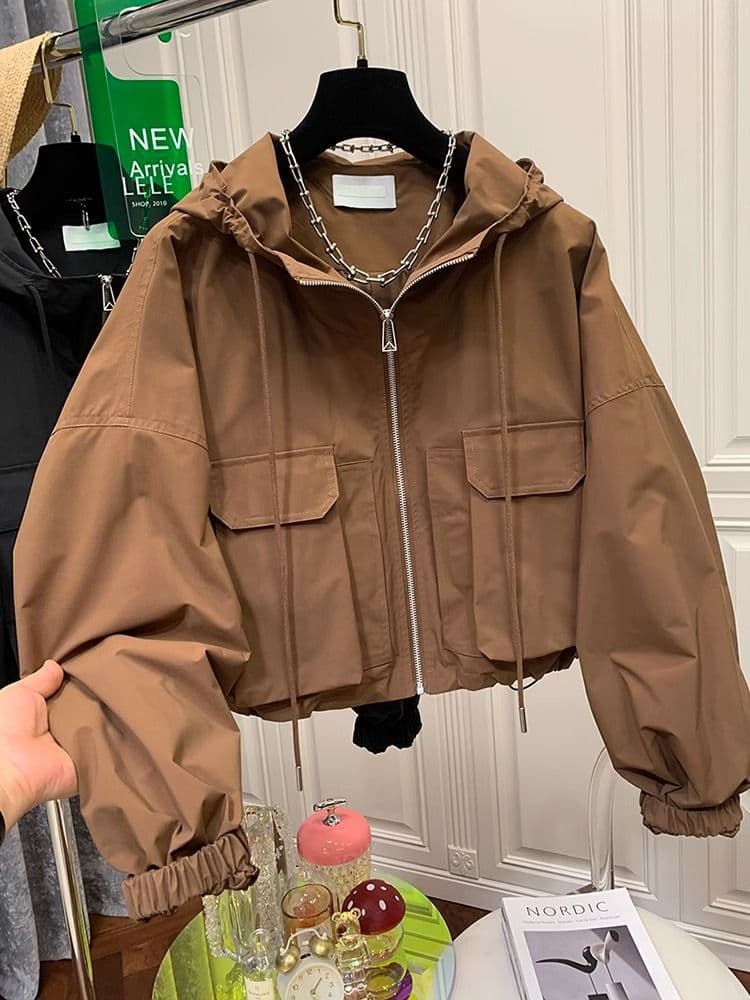New short hooded jacket for women, spring and autumn edition loose slim-fit American windbreaker small-size top trendy jacket.