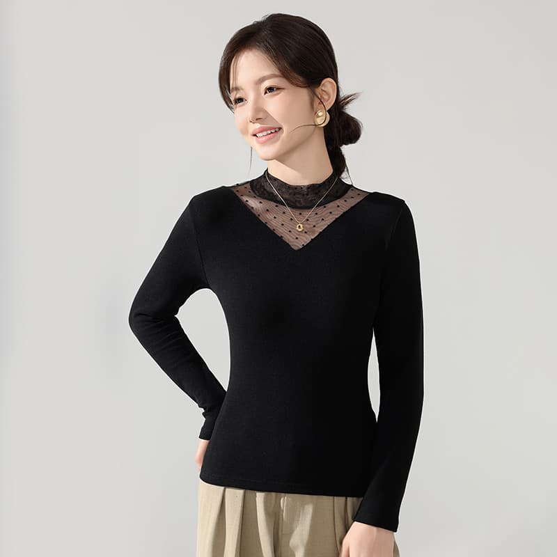 Half turtleneck lace bottoming shirt for women 2024 new autumn and winter plus size mesh fashionable and versatile inner warm velvet top