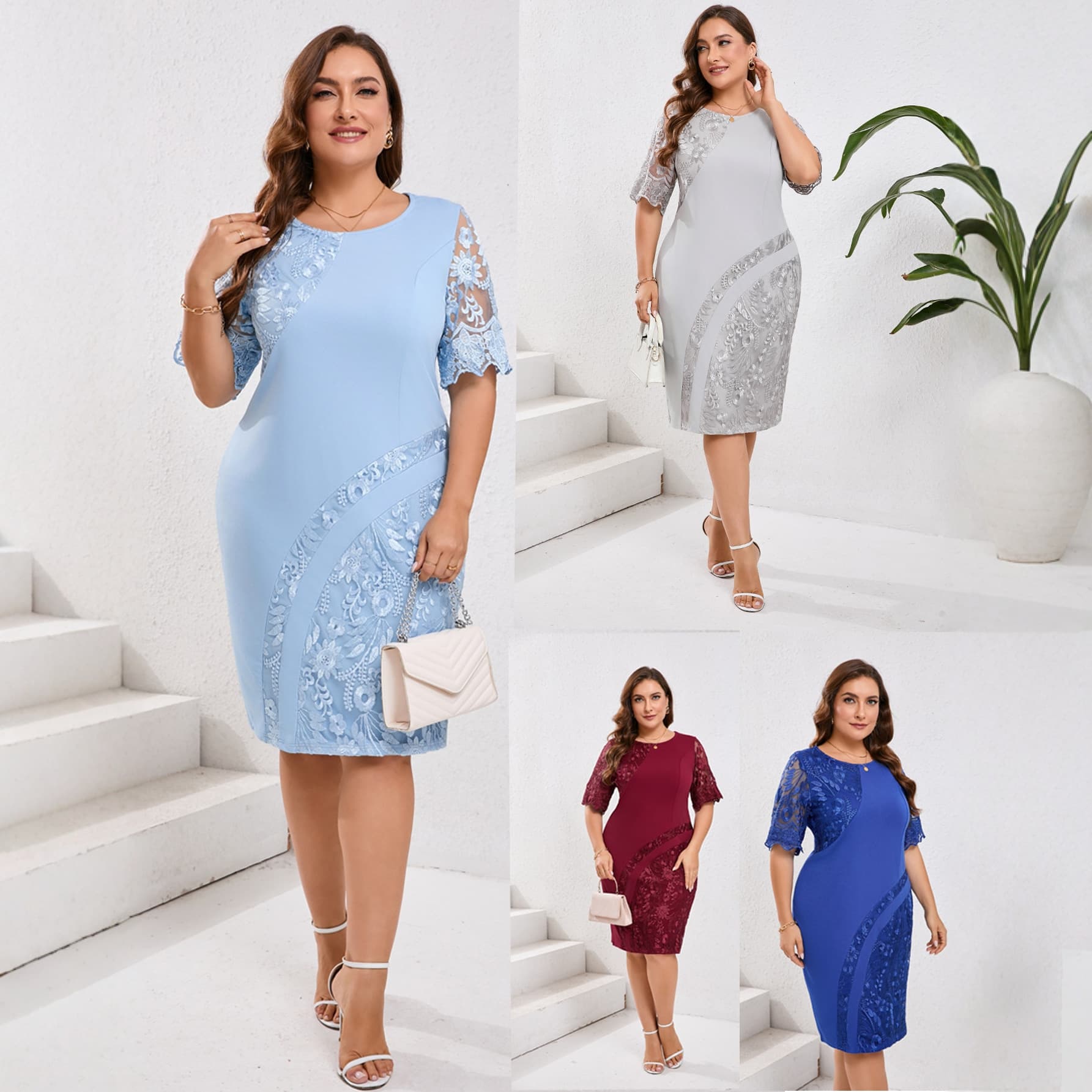 2025 Cross-Border Summer and Autumn Plus Size Women's Dress Embroidered Lace Patchwork Slim Fit Cocktail Dress Bodycon Skirt