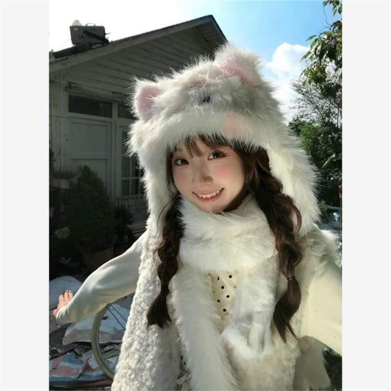 New Autumn/Winter Cat Series Hat, Super Cute Fluffy Scarf Hat Integrated Warm Fleece Head Wrap Cap
