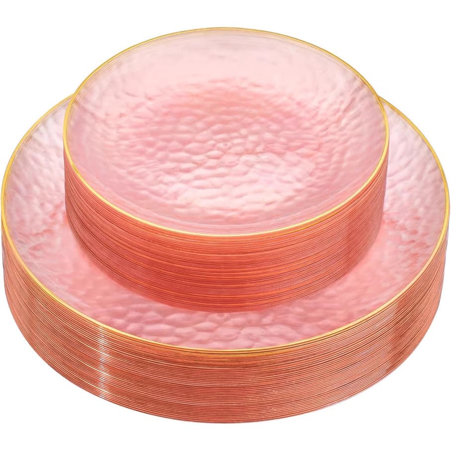 Plastic Tableware Pink Gold Rim Satin Plate Transparent Gold Plate Hammered Plate Dessert Plate Cup Knife Fork Spoon Napkin