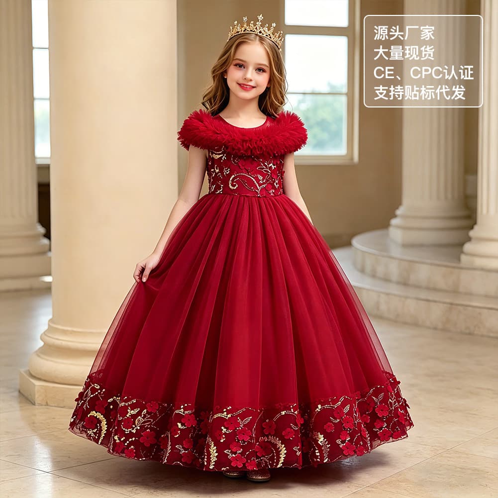 CPC CE Certified Children's Formal Dress Wine Red 3-12 Years Flower Girl Dress Girls Tulle Princess Puffy Skirt